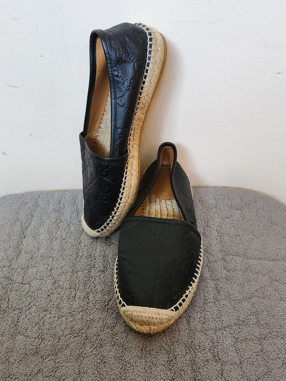 Gicci Leather Embroidered Monogram Black Espadrille Flats - Picture 2 of 12